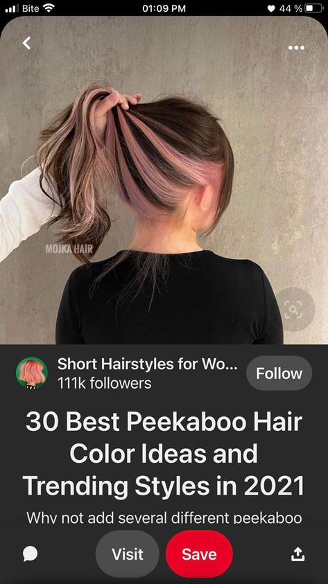 Peek A Boo Hairstyle, Peek A Boo Hair Short, Cat Rambut Peek A Boo, Peek A Book Hair Color, Hair Color Peek A Boo, Peek A Boo Hair Color Ideas, Peek A Boo Hair Color, Peek A Boo Hair, Dark Academia Color