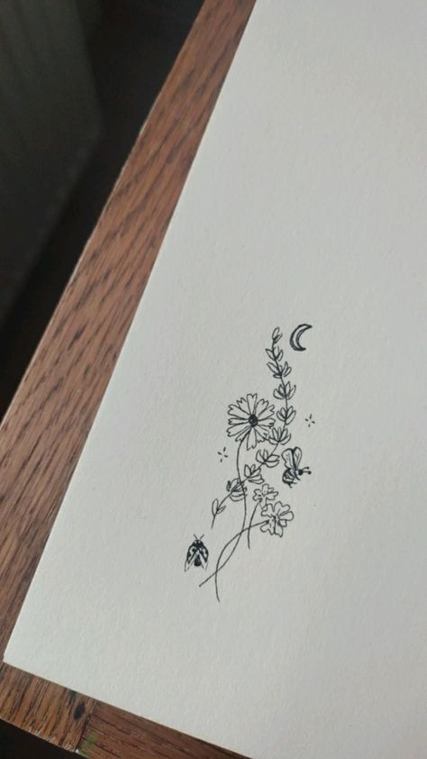 small tattoo idea, for nature lovers 🐞🐝 Intertwining Flower Tattoo, Nature Micro Tattoo, Small Flower Cluster Tattoo, Flower With Stars Tattoo, Tattoo Ideas For Nature Lovers, Flowers With Words Tattoo Stems, Fine Line Daisy Tattoo Simple, Springtime Tattoo, Star And Flower Tattoos