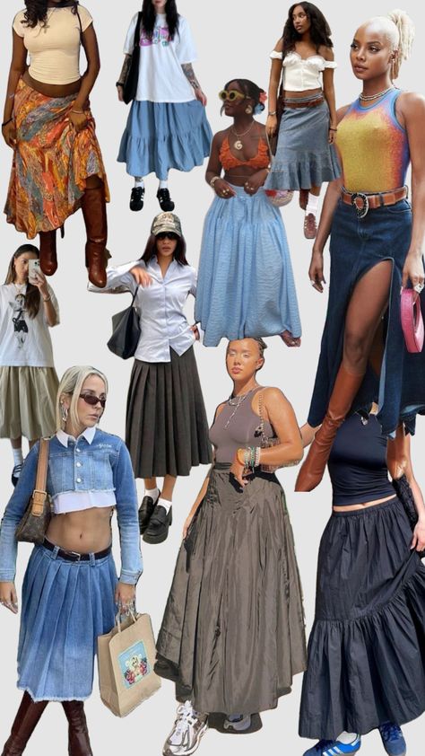 Midi/Maxi Skirt Summer Outfit Inspo Low Waist Maxi Skirt Outfit, Maxi Tiered Skirt Outfit, Maxi Bubble Skirt Outfit, Shoes With Maxi Skirt, Long Patterned Skirt Outfit, Patterned Maxi Skirt Outfit, 90s Maxi Skirt Outfit, Long Skirt Street Style, Maxi Skirt With Boots