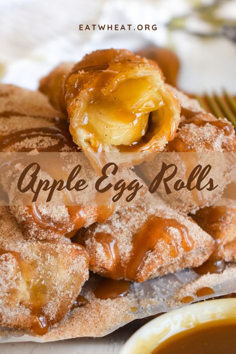 Crunchy Apple Egg Rolls are coated in cinnamon sugar and dunked in caramel sauce for the most delicious dessert!! Apple Egg Rolls, Dessert Egg Rolls Recipe, Egg Rolls Recipes, Apple Pie Filling Desserts, Pie Filling Desserts, Apple Pie Filling Recipes, Fried Apple Pies, No Egg Desserts, Homemade Apple Pie Filling