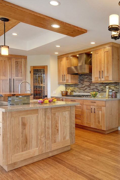 Kitchen Cabinets Light Wood, Light Wood Kitchen, Light Wood Kitchen Cabinets, Natural Wood Kitchen Cabinets, Colored Kitchen, Hickory Kitchen Cabinets, Hickory Kitchen, Stained Kitchen Cabinets, Light Wood Kitchens