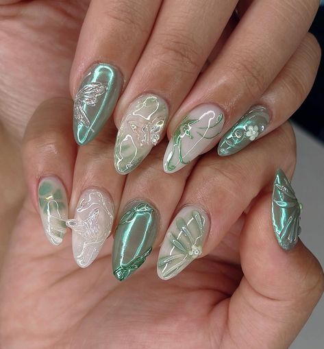 𓇗𓋼forest nymph 𐦍 Custom design for my client’s wedding nails 💚 ty for trusting me for your special day 🥰✨ #nailinspo #nails2inspire #chromenails #apresgelx #gelxnails #naildesign #fairycorenails #gardennails #naturenails #nailart #3dnails #trendynails #iridiscentnails #almondnails Blue And Silver Nails, Forest Nymph, Shop Press, Cute Nail Art Designs, Edgy Nails, Option B, Pretty Gel Nails, Cute Nail Art, Silver Nails