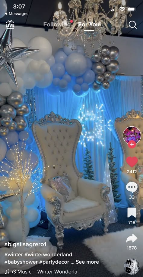 Sweet 16 Wonderland Theme, Winter Themed Balloon Arch, Winter Wonderland Quinceanera Theme Royal Blue, Cinderella Party Ideas Decoration, Cinderella Sweet 16 Centerpieces, Sweet 16 Winter Wonderland Decorations, Diamond Sweet 16 Theme, Winter Wonderland 18th Birthday Party, Sweet Sixteen Party Themes Blue