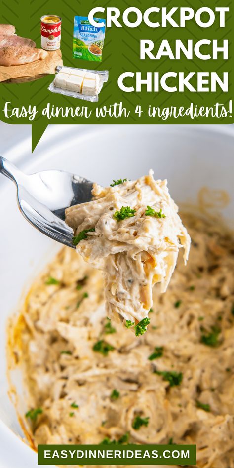 Crockpot Ranch Chicken is the perfect weeknight dinner! This is a classic dump and go recipe that your family is going to love. You only need 4 ingredients and a few minutes to prep. Chicken Crockpot Recipes Easy Ranch Seasoning, Creamy Shredded Chicken Crockpot, Crockpot Recipes Ranch Chicken, Crockpot Chicken Ideas Simple, Ranch Shredded Chicken Crockpot, Crockpot Chicken And Gravy With Ranch Packet, Crockpot Chicken Cream Cheese Ranch, Chicken Ranch Cream Cheese Crock Pot, Frozen Chicken Dinner Recipes