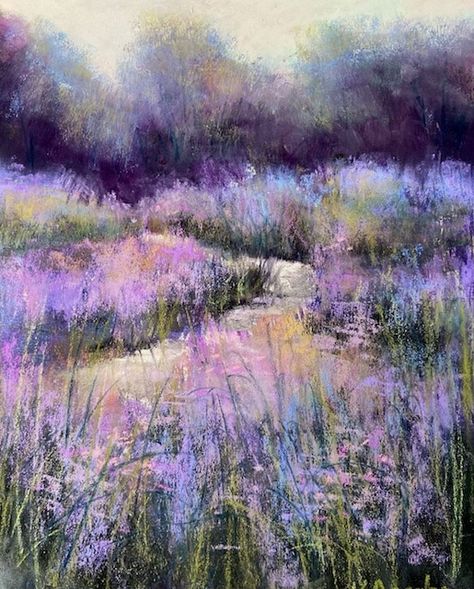 Chalk Art Landscape, Pastel Painting Aesthetic, Purple Art Aesthetic Painting, Soft Pastels Paintings, Pastel Paintings, Oil Pastel Art Ideas Inspiration, Pastel Artwork Soft, Lavender Abstract Painting, Painting Lavender Fields