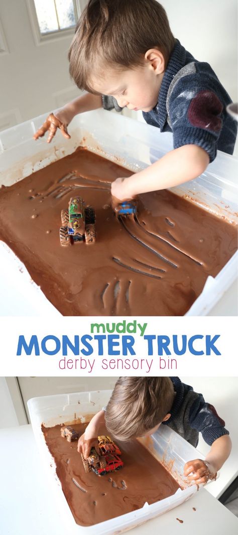 Muddy Monster Truck Derby Sensory Bin Muddy Cars Activity, Truck Sensory Play, Cars Sensory Play, Vehicle Sensory Bins, Monster Truck Learning Activities, Car Wash Sensory Play, Fake Dirt Sensory Bin, Monster Truck Activities For Kids, Cars Sensory Bin