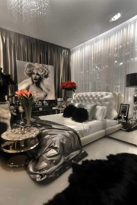 Fashion Room Decor Bedroom Ideas, Black Astetic Bedrooms, White And Silver Room Aesthetic, Black White Red Room Aesthetic, Silver And Black Bedroom Ideas, Bougie Room Aesthetic, Dark Bedrooms Luxury, Black White And Silver Bedroom, Fancy Bedroom Aesthetic