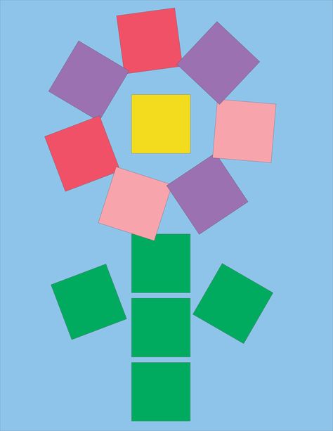 Craft For Square Shape, Flower Shapes Preschool, Square Art Projects For Preschoolers, Shapes And Colors Crafts, Shape Flowers Preschool, Square Prek Activities, Square Art Activities For Preschool, Square Preschool Craft, Learning Squares Preschool