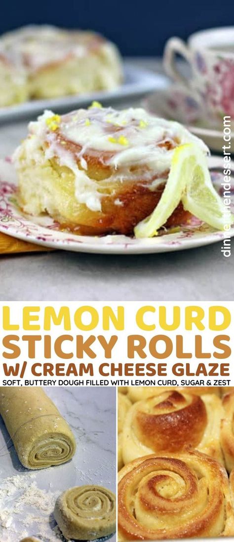 Lemon Curd Sticky Rolls have a soft, buttery dough filled with lemon curd, lemony butter-sugar, and are glazed with cream cheese frosting. Perfect for breakfast or dessert! Lemon Curd Sweet Rolls, Lemon Curd Cream Cheese, Cream Cheese Glaze Recipe, Deserts With Cream Cheese, Lemon Biscuits, Sticky Rolls, Easy Lemon Curd, Cinnamon Roll Recipe Homemade, Dinner Then Dessert