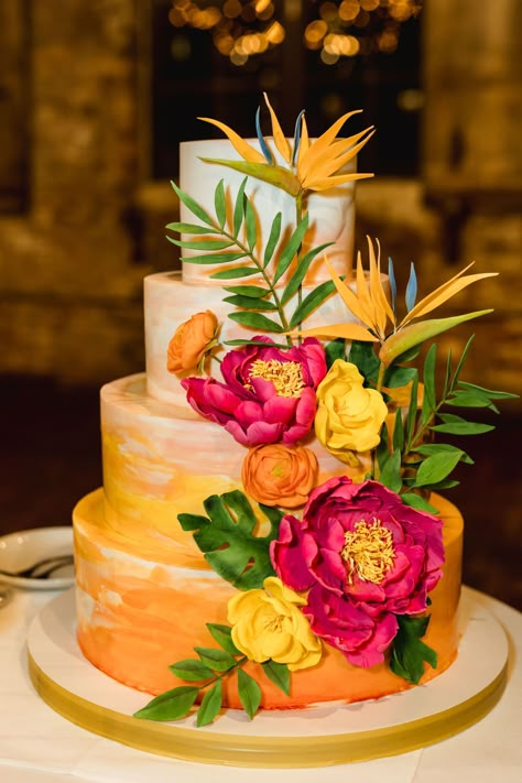 This Chic Tiki Wedding Transformed a Brooklyn Loft Sunset Wedding Theme, Ombre Wedding Cake, Tiki Wedding, Brooklyn Loft, Wedding Cake Ombre, Tiki Dress, Greenpoint Brooklyn, Ombre Wedding, Whiskey Bar