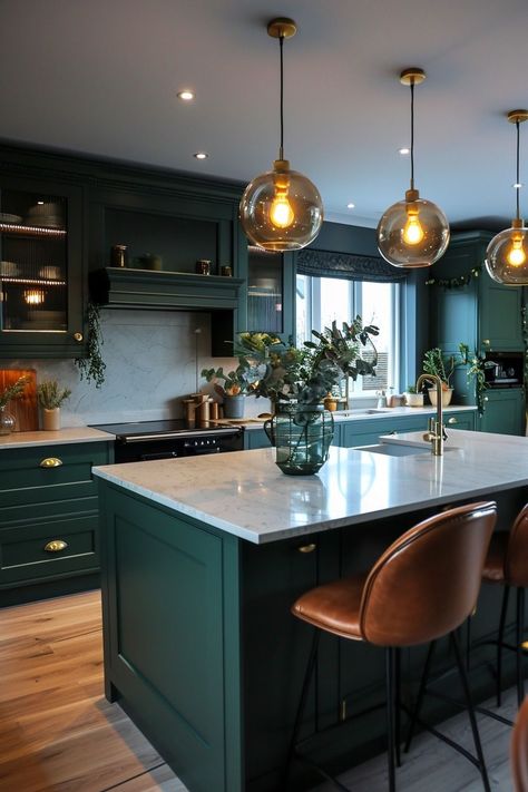 Green Kitchen Interior Design, Kitchen Back Wall Ideas, Green Gold And White Kitchen, Green And Gold House Decor, Forest Green And Gold Kitchen, Forest Green House Decor, Green Forest Kitchen, Green Kitchen Decorating Ideas, Emerald Green Kitchen Ideas