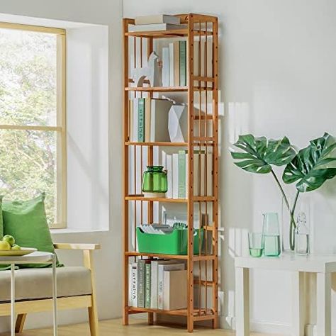 MoNiBloom Tall 6 Tier Bookshelf, Bamboo Multifunction Free-Standing Narrow Storage Bookcase Display Shelf in Living Romm Home Office, Natural Living Romm, Bamboo Bookshelf, Narrow Storage, Cube Storage Shelves, Display Bookcase, Storage Bookcase, Bookcase Display, Tall Bookcase, Modern Bookshelf