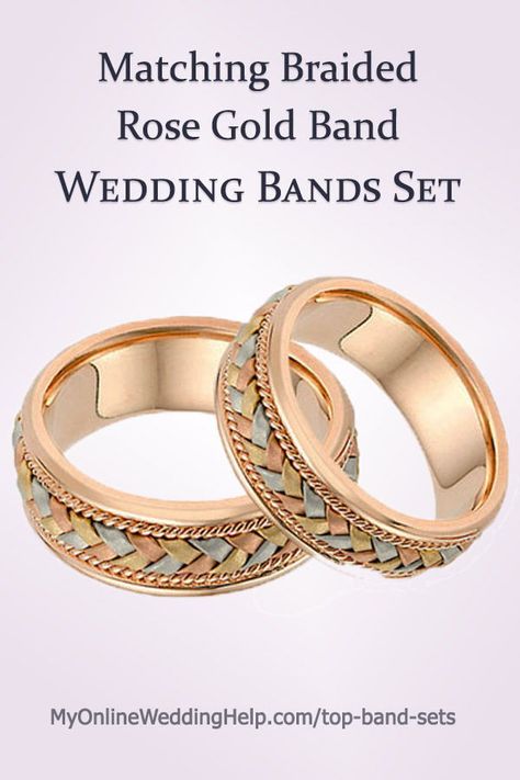 Matching Braided Wedding Bands Set in Rose Gold with white and yellow gold accents. Men's and women's sizes.  #WeddingSets #MatchingWeddingBands #BraidedWeddingBands #MyOnlineWeddingHelp Unique Wedding Bands For Him, Braided Wedding Band, His And Her Wedding Rings, Different Wedding Ideas, Amazon Wedding, Wedding Bands For Women, Couple Ring Design, Mens Wedding Bands Unique, Bridal Jewelry Necklace