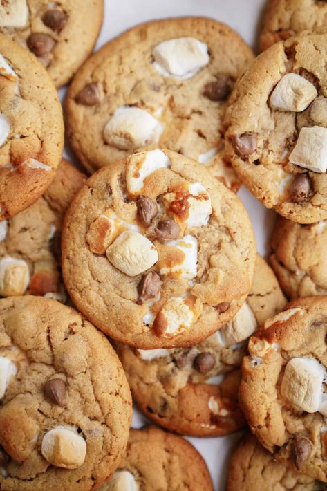 Peanut Butter S'mores Cookie Recipe Peanut Butter Smores Cookies, Smores Cookies Recipes, Campfire Dessert, Peanut Butter Smores, Smores Cookie, Campfire Desserts, Smores Cookies, Cookie Dough Balls, Holiday Cookie