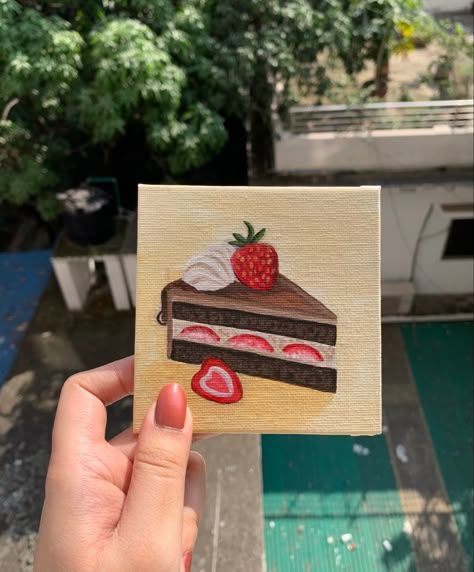 Canvas Food Painting, Road Painting Ideas, Heart Painting Ideas, Cute Mini Paintings, Mini Canvas Paintings Easy, Shopping Painting, Painting On Mini Canvas, Tea Painting, Canvas Art Gifts