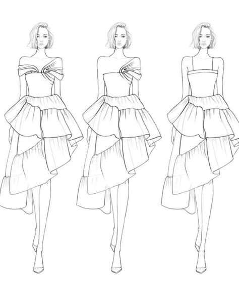 Ruffle Sketch Illustration Fashion, Gathers Dress Illustration, Shirring Dress Illustration, Ruffle Dress Illustration, Flat Sketches Dress, Feminine Romantic Fashion, Doodle Fashion, Fashion Design Classes, Fashion Illustration Tutorial