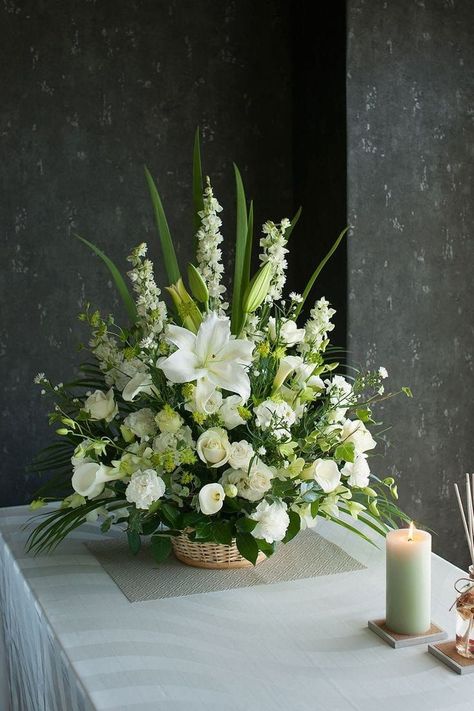 Wedding Flower Arrangements Church, Hotel Flower Arrangements, Alter Flowers, Basket Flower Arrangements, Tropical Flower Arrangements, Hotel Flowers, Easter Flower Arrangements, White Flower Arrangements, Altar Arrangement