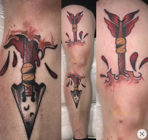 Arrow To The Knee Tattoo, Skyrim Traditional Tattoo, Knee Tattoo Men Design, Old Style Tattoos, Skyrim Tattoo, Trad Tattoos, Knee Tattoos, Ouroboros Tattoo, Traditional Tattoo Flash Art