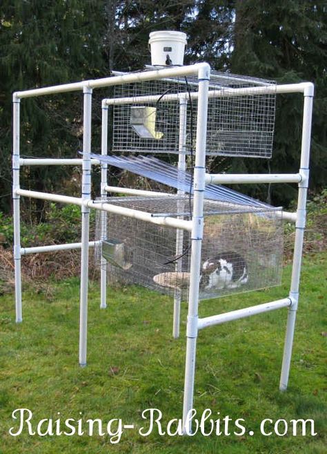 Rabbit hutch plans - large pvc rabbit hutch frame with cages hung Rabbit Hutch Ideas, Wire Rabbit Cages, Rabbit Hutch Plans, Diy Rabbit Cage, Raising Rabbits For Meat, Diy Rabbit Hutch, Rabbit Pen, Hutch Ideas, Outdoor Rabbit Hutch