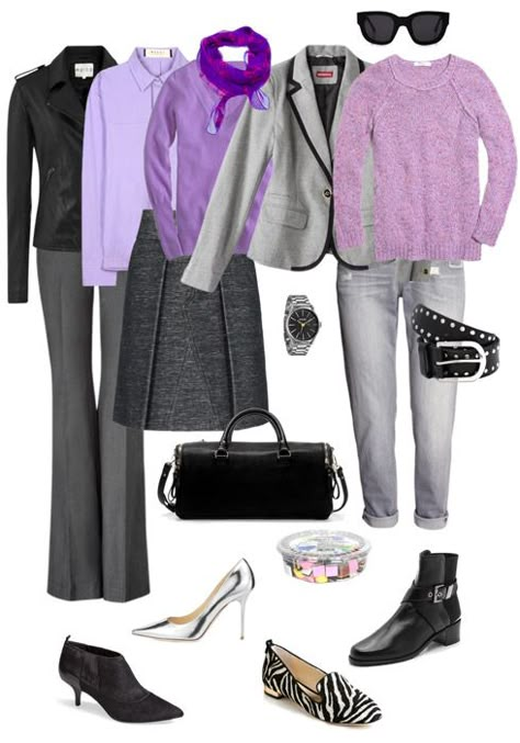 From the You Look Fab blog, Ensemble: Gray, Lilac & Black. This is a soft color palette that is good for blondes. Pink in place of lilac would work equally well. Black Work Outfit, Gray Outfits, Gray Outfit, Grey Lilac, You Look Fab, Lilac Top, Purple Outfits, Capsule Outfits, Black Work