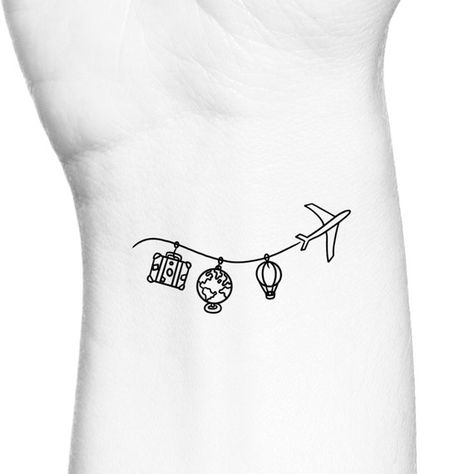 Airplane Word Travel Single Line Temporary Tattoo ***************** Size: The size of this Airplane Word Travel Single Line Temporary Tattoo VARIES between approximately 2 - 3 inches in width. ***************** Directions: 1. Cut excess paper around tattoo with scissors to eliminate any Travel Tattoo Small, Plane Tattoo, Airplane Tattoos, Tattoo Schrift, Disney Tattoo, Cute Little Tattoos, Temporary Tattoo Designs, Dainty Tattoos, Up Tattoos