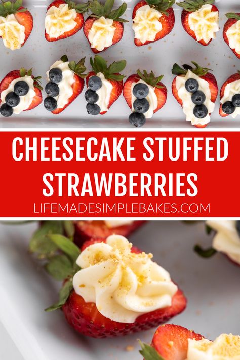 These Cheesecake Stuffed Strawberries combine the natural sweetness from strawberries with a smooth and tangy cream cheese frosting on top. Stuffed Strawberries Recipe, Breakfast Fruit Pizza, Coconut Smoothie Bowl, Cake Batter Truffles, Cheesecake Stuffed Strawberries, Stuffed Strawberries, Homemade Chocolate Truffles, Strawberry Cheesecake Recipe, Dessert Truffles