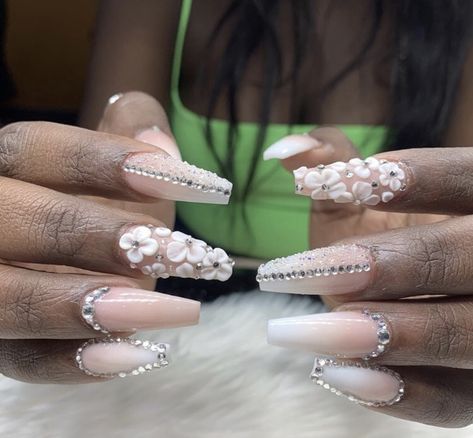 White Ombre Nails With Gems, Ombre Nails Diamonds, White And Pink Ombre Nails With Jewels, Ombre Nails Gemstones, White To Tan Ombre Nails, Nails With Jewels, White Ombre, Studded Nails, Bling Nails