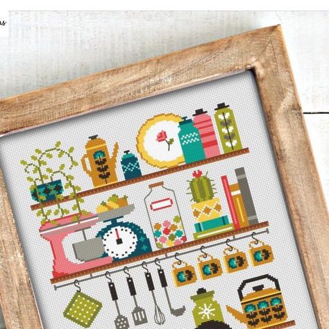 Kitchen Cross Stitch Patterns, Style Kitchen Shelves, Kitchen Cross Stitch, Retro Style Kitchen, Shelves Design, Halloween Cross Stitch Patterns, Cross Stitch Kitchen, Small Cross Stitch, Crafty Kids