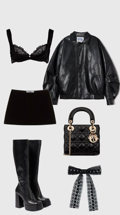 #ootd #outfitinspo #whattowear #lbd #bratop #miniskirt #blackminiskirt #miniskirtoutfit #leatherjacket #boots #platformboots #miami #cluboutfit #barhopping #vegas #nyfw #dior #versace #fashion #nyc Black Miniskirt Outfits, Stage Outfits Ideas Singer, Sweat Tour, Nyfw Outfits, Dior Outfit, Outfits Nyc, Versace Fashion, Shein Outfits, Cute Lazy Day Outfits