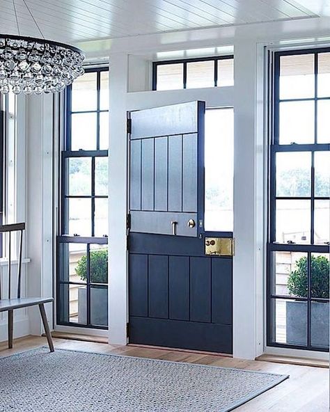 RIM LOCK | COBALT LACQUERED DUTCH DOOR | FRAMED IN STEEL WINDOWS Navy Front Door, Dutch Doors Exterior, Casa Vintage, Dutch Door, Island House, Interior Barn Doors, Beautiful Doors, Modern Country, Exterior Doors