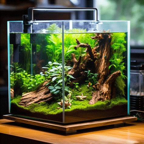 Planted Cube Aquarium, Cube Fish Tank Ideas, Moss Aquascape, Fish Tank Room, Cube Aquascape, Cube Aquarium, Betta Fish Tank Ideas, Aquarium Photography, Natural Aquarium