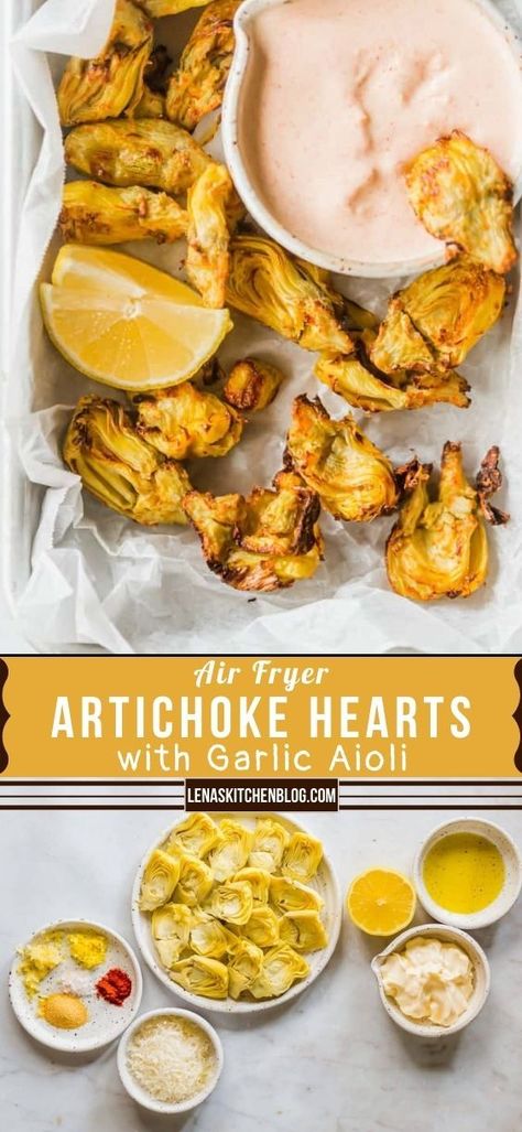 Air Fryer Artichoke Hearts are a simple, yet delicious low carb appetizer! They’re ready to eat in 10 minutes, made without breadcrumbs, and served with homemade garlic aioli for dipping. Air Fryer Artichoke Hearts, Air Fryer Artichoke, Artichoke Heart Recipes, Low Carb Appetizer, Air Fryer Recipes Low Carb, Fried Artichoke, Air Fried Food, Artichoke Recipes, Garlic Aioli