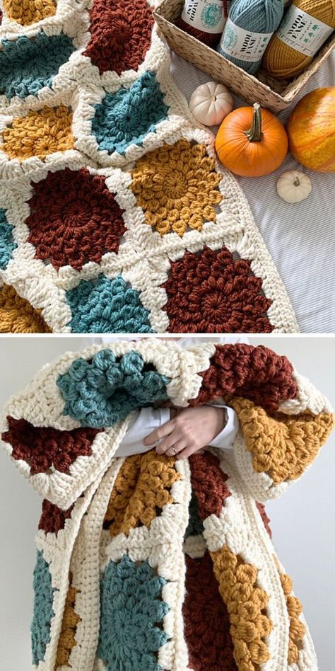 Crochet For Homeless Projects, Crochet Mood Blanket Pattern, Cottagecore Crochet Projects, Yup Yup Crochet Pattern, Granny Square Afghan Pattern, Earthy Crochet Blanket, Granny Square Flower Crochet Pattern, Advanced Crochet Projects, Fall Crochet Patterns Free Ideas