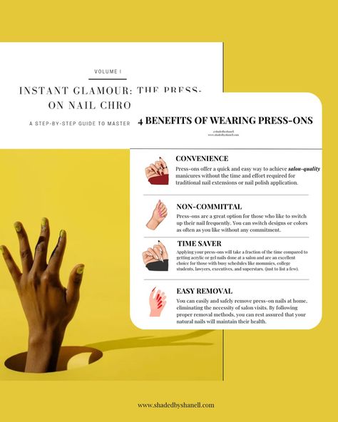 NEW: Ever wondered what makes press-ons beneficial? 💅🏽 Check out these four benefits PLUS other nail tips and hacks - ◀️ now. ( Want more? Download our FREE press-on nails e-Book by clicking the link in our bio.) #nailbenefits #pressongamestrong #pressonhack #freedownload #learnforfree #shadedbyshanell Press Ons, Nail Tips, Press On Nails, E-book, Free Download, Benefits, Nails, Books, Quick Saves