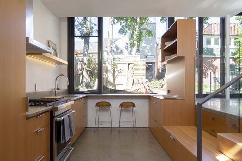 A bright, crisp example of Toronto laneway living - The Globe and Mail Sunken Kitchen, Kitchen With Counter, Laneway House, House Design Trends, Counter Seating, Garage Apartments, Dormer Windows, Upstairs Bedroom, Bedroom Windows