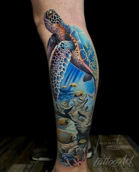 Ocean Sleeve Tattoos Color, Seascape Tattoo Sleeve, Ocean Leg Sleeve Tattoo, Ocean Tattoo Sleeve, Ocean Themed Tattoos For Women, Ocean Tattoos Sleeve For Women, Sea Tattoo Sleeve, Turtle Tattoo Ideas, Ocean Life Tattoos