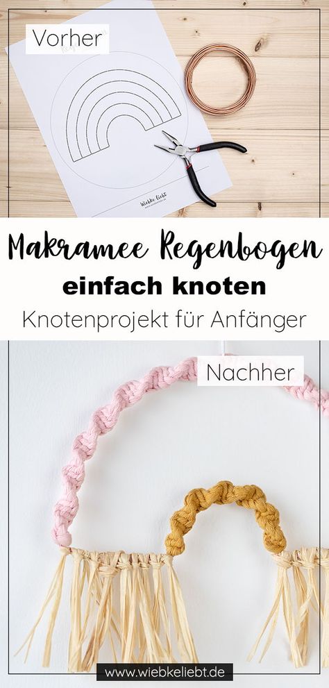 Einen Makramee Regenbogen einfach selber machen. DIY Makramee Knotenprojekt für Anfänger. Du benötigst nur einen Knoten, um diese schöne Deko zu basteln. Der Regenbogen ist eine schöne hängende Dekoration für das Kinderzimmer und eignet sich auch toll als Geschenk. Inklusiver kostenloser Vorlage zum Download. Die Anleitung und weitere Details findest du auf meinem Kreativblog wiebkeliebt.de Diy Baby, Diy Blog, Craft Tutorials, Softies, Diy Bag, Crochet Necklace, Macrame, Paper Crafts, Blogger