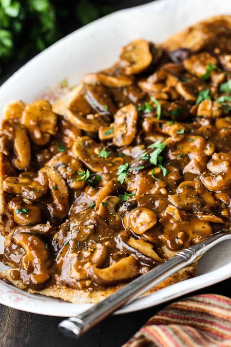 An oval white platter filled with chicken marsala with a serving spoon off to the side. Chicken Marsala Recipe, Chicken Marsala Easy, Chicken Lombardy, Marsala Sauce, Marsala Recipe, Marsala Chicken Recipes, Italian Comfort Food, Brown Sauce, Chicken Marsala