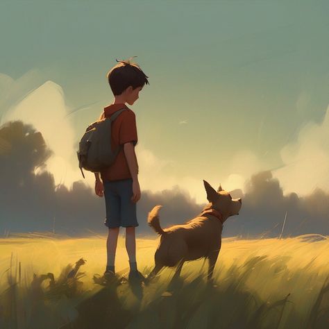 there is a painting of a boy and a dog in a field, concept art of single boy, sergey kolesov, animated film, concept art for movie, in style of atey ghailan, pixar concept art, by Goro Fujita, atey ghailan 8 k, animated film still, animated movie still, inspired by Atey Ghailan Atey Ghailan Art, Field Concept Art, Sergey Kolesov, Atey Ghailan, Goro Fujita, Pixar Concept Art, Animated People, Single Boy, Boy Painting