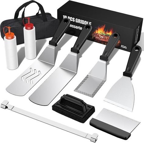 Blackstone Griddle Accessories Kit,10PCS Flat Top Grill Accessories Set for Blackstone and Camp Chef,Stainless Steel Griddle Grill Tools for Outdoor BBQ Teppanyaki Camping #outdoorgrilling #outdoorliving #ChristmasForDad #Blackstone Griddle Accessories, Black Stainless Steel Kitchen, Stainless Steel Griddle, Bbq Tool Set, Grill Tools, Flat Top Grill, Griddle Grill, Camp Chef, Blackstone Griddle