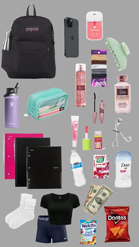 backpack essentials��🙌🤪 Senior Year Backpack Essentials, Backpack Essentials Middle School, Backpack Essentials Highschool, School Packing, Locker Essentials, College Backpack Essentials, Inside Backpack, High Sierra Backpack, Travel Backpack Essentials