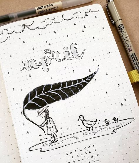 Bullet journal monthly cover page, April cover page, girl using leaf as umbrella drawing, rain drawing, hand lettering. | @jiwenstudies Rain Drawing, Drawing Rain, Umbrella Drawing, April Bullet Journal, Bullet Journal Key, Organization Bullet Journal, Happy April, Bullet Journal Cover Page, Bullet Journal Art