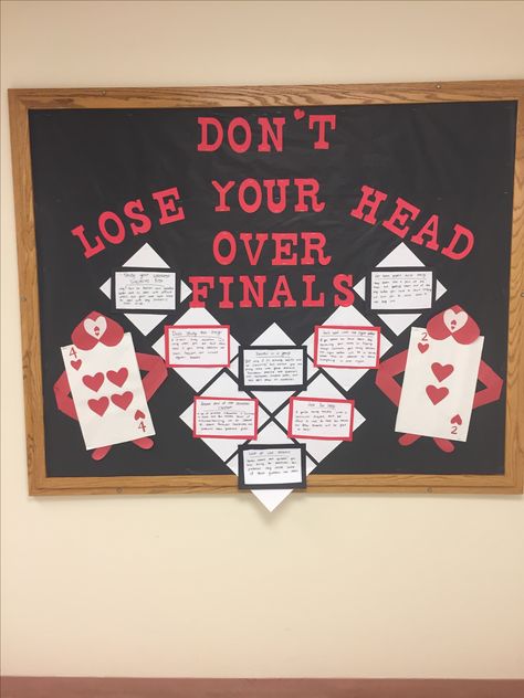 Alice in Wonderland RA bulletin board finals study tips Queen Of Hearts Bulletin Board, Alice In Wonderland Ra Board, Disney Ra Bulletin Boards, Finals Bulletin Board Ra, Academic Bulletin Boards, Alice In Wonderland Bulletin Board, Finals Bulletin Board, Alice In Wonderland Classroom Theme, Finals Study Tips