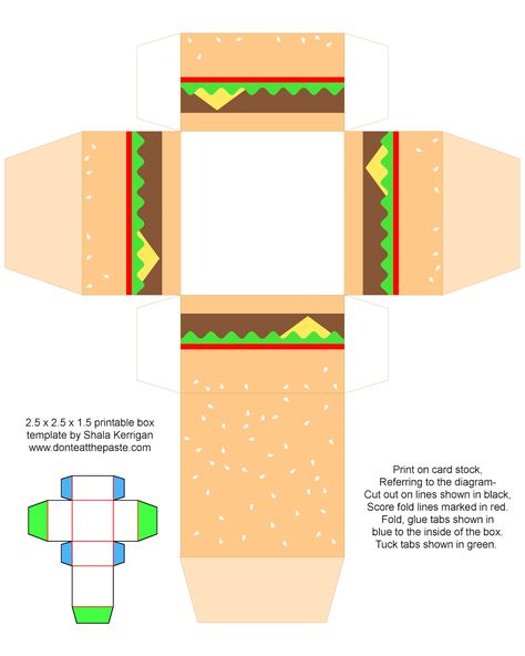 Printable cheeseburger box- also available with a cute face. Foldables Templates, Box Template Printable, Food Paper, Bored Jar, Paper Box Template, Food Template, Printable Box, Buku Harry Potter, Paper Toys Template