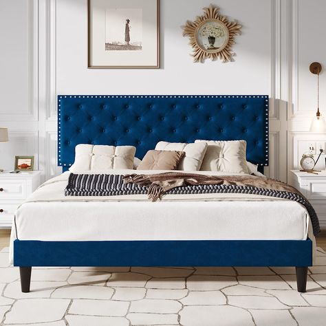 SHA CERLIN King Size Velvet Bed Frame, Upholstered Platform Bed with Adjustable Diamond Button Tufted Headboard, Rivet Ornament, Wood Slat Support, No Box Spring Needed, Easy Assembly, Blue Velvet Bed Frame, Cama Queen Size, Velvet Upholstered Bed, Button Tufted Headboard, Cama Queen, Velvet Bed, Upholstered Bed Frame, Tufted Headboard, Beds & Bed Frames