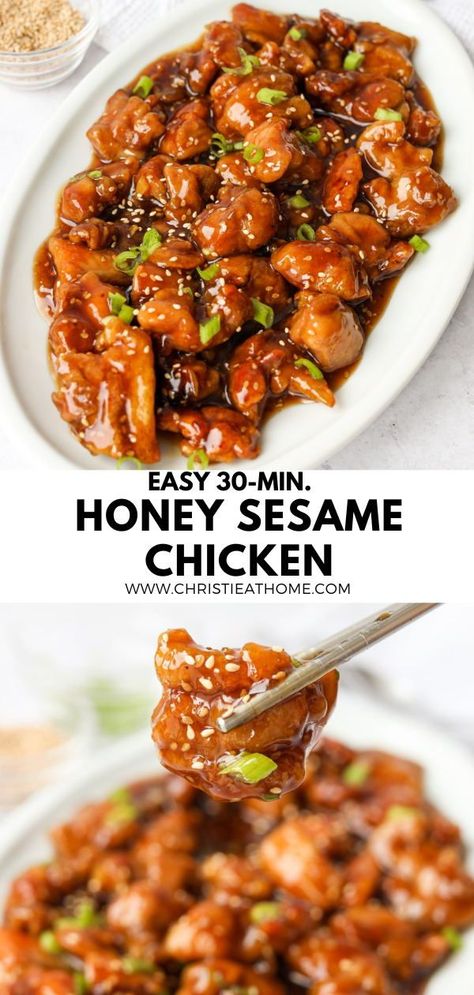 30-min. Easy Honey Sesame Chicken. Crispy fried chicken smothered in a sweet thick honey sesame sauce. A popular dish at Chinese restaurants for good reason! #easy sesame chicken recipe #easy honey garlic chicken #sesame chicken recipes Favorite Dinner Recipes, Easiest Recipes, Honey Sesame Chicken, Sesame Chicken Recipe, Honey Sesame, Mapo Tofu, Chicken Recipes Video, Favorite Dinner, Chicken Easy