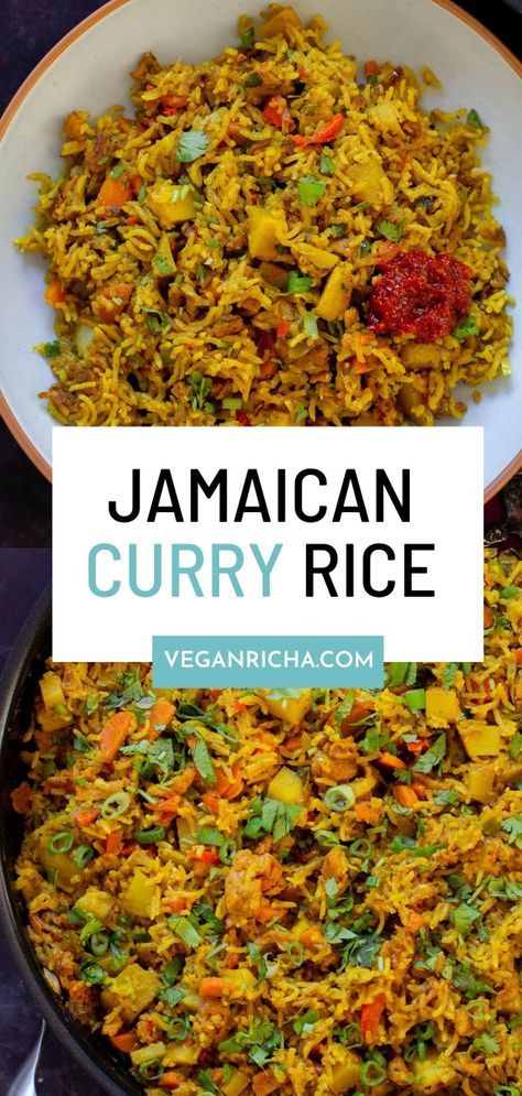 Jamaican curry rice is a super quick, one pan meal which is absolutely delicious. Crisped up soy curls and lots of veggies simmer in a creamy, coconut Jamaican curry sauce that’s just packed with flavor! Jamaican Curry Rice, Jamaican Coconut Curry Fish, Jamaican Curry Recipes, Haitian Mushroom Rice, Veggie Based Dinner Ideas, Jamaican Curry Powder Recipe, Jamaican Rice And Peas Crockpot, Curry Recipes Jamaican, Jamaican Ital Food