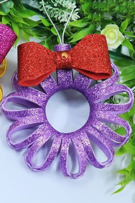 DIY Christmas Wreath Ornament From Glitter Foam | Christmas Decoration Ideas | Learn how to make a simple and beautiful Christmas wreath using glitter foam sheets for crafts | DIY Glitter Foam Wreath Christmas Ornament. #Wreath #Christmas #Ornament Christmas Mini Wreath, Christmas Wreath Ornaments, Mini Christmas Wreath, Christmas Wreath Making, Glitter Paper Crafts, Foam Christmas Ornaments, Foam Wreath, Wreath Ornaments, Foam Sheet Crafts