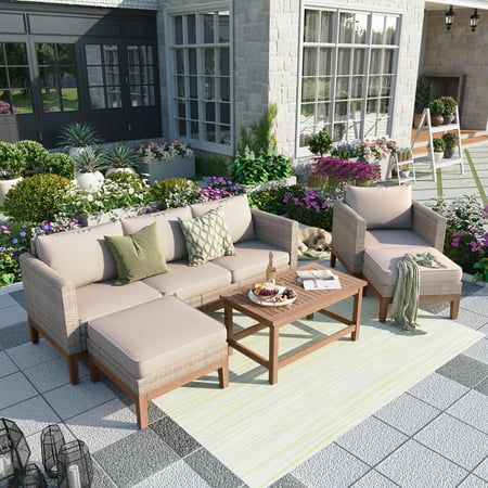 Take a break under the warm sun with this premium 5 pieces outdoor furniture set that will upgrade your backyard or patio space. This wicker patio conversation set includes 1 three-seat sofa, 1 single sofa, 2 ottomans and 1 coffee table. Whether you are looking to host a small afternoon get-together with a couple of friends or just looking for a place to stretch out, this outdoor sectional sofa set is perfect for you. Constructed of solid acacia wood with teak finish, this wood patio furniture i Small Back Porch Furniture Ideas, Three Season Porch Furniture, Patio Furniture Ideas Small Space, Tiny Porch, 2 Ottomans, Patio Sets, Outdoor Wood Furniture, Wood Patio Furniture, Cozy Patio