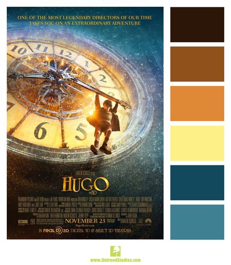 Color palette based on the movie poster for "Hugo" Hugo Movie, Drama Films, Hugo Cabret, Robbie Coltrane, Ben Kingsley, Sacha Baron Cohen, Boogie Nights, Ricky Gervais, Chloë Grace Moretz